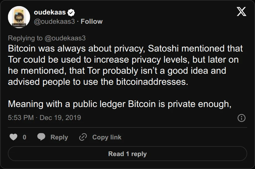 Archival rendering of an X post by oudekaas: “Meaning with a public ledger Bitcoin is private enough.”
