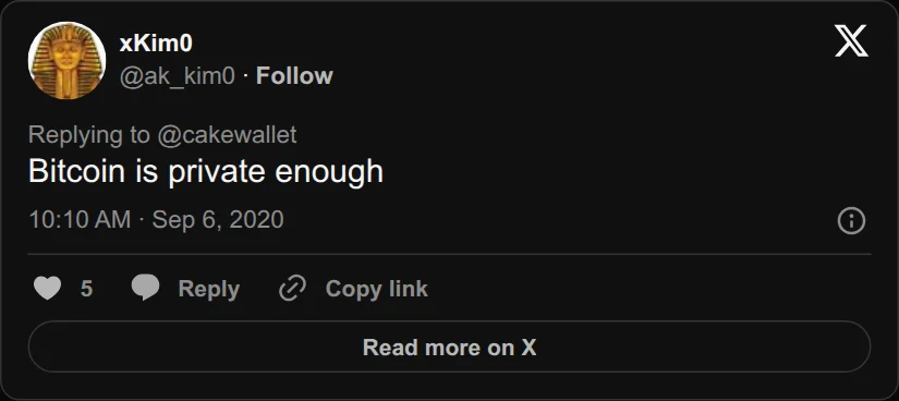 Archival rendering of an X post by xKim0: “Bitcoin is private enough”