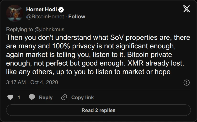 Archival rendering of an X post by Hornet Hodl: “100% privacy is not significant enough... Bitcoin private enough, not perfect but good enough.”