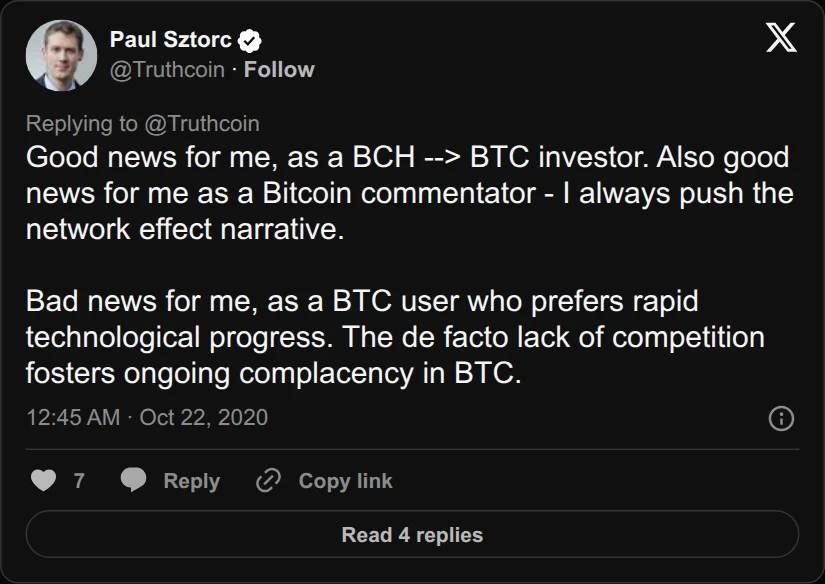 Archival rendering of an X post by Paul Sztorc: “Good news for me, as a BCH --> BTC investor. Also good news for me as a Bitcoin commentator - I always push the network effect narrative. Bad news for me, as a BTC user who prefers rapid technological progress. The de facto lack of competition fosters ongoing complacency in BTC.”
