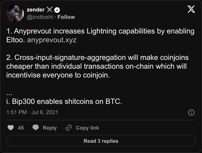Archival rendering of an X post by zender: “Bip300 enables shitcoins on BTC.”