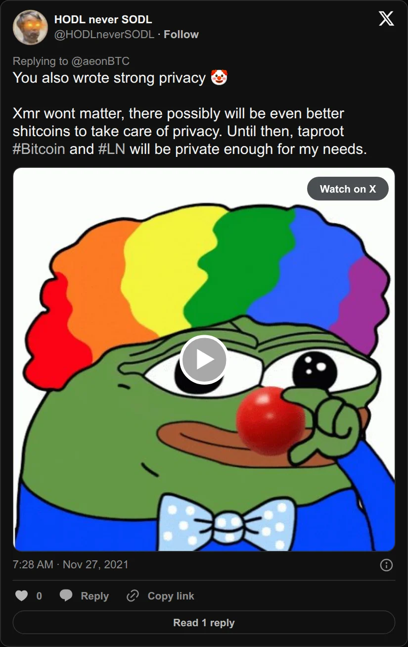 Archival rendering of an X post by HODL never SODL: “Taproot #Bitcoin and #LN will be private enough for my needs.”