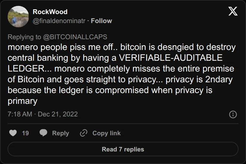 Archival rendering of an X post by RockWood: “Privacy is secondary because the ledger is compromised when privacy is primary.”
