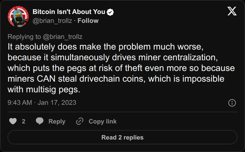 Archival rendering of an X post by Bitcoin Isn't About You: “It absolutely does make the problem much worse, because it simultaneously drives miner centralization, which puts the pegs at risk of theft even more…”