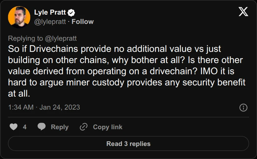 Archival rendering of an X post by Lyle Pratt: “It is hard to argue miner custody provides any security benefit at all.”