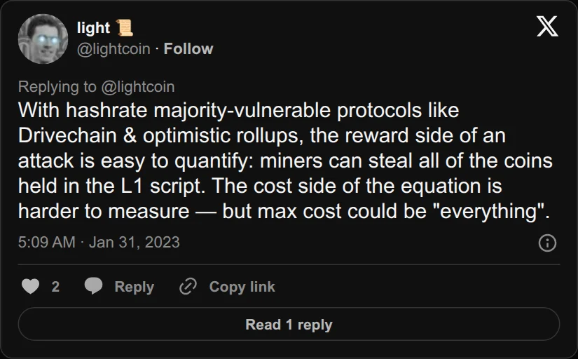 Archival rendering of an X post by light 📜: “With hashrate majority-vulnerable protocols like Drivechain & optimistic rollups, the reward side of an attack is easy to quantify: miners can steal all of…”