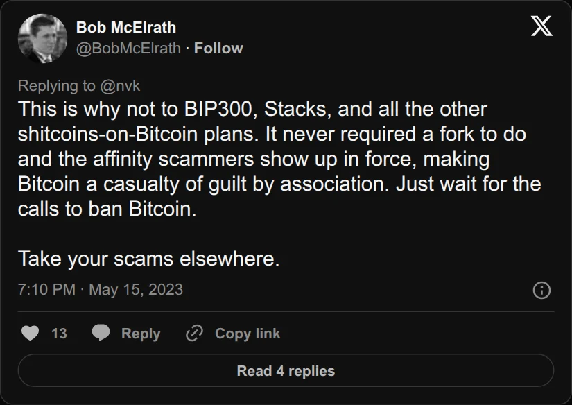 Archival rendering of an X post by Bob McElrath: “This is why not to BIP300, Stacks, and all the other shitcoins-on-Bitcoin plans.”
