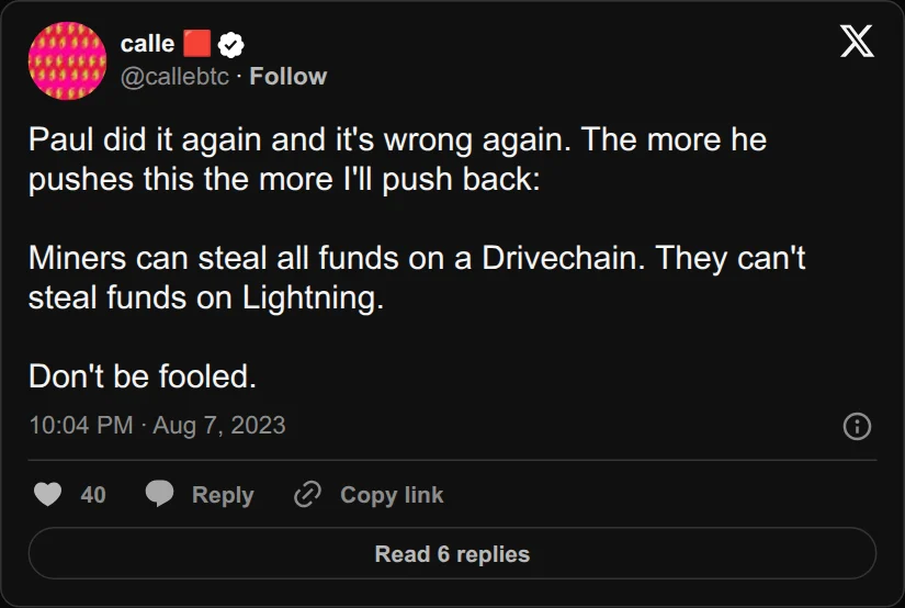 Archival rendering of an X post by calle 🟥: “Paul did it again and it's wrong again. The more he pushes this the more I'll push back: Miners can steal all funds on…”