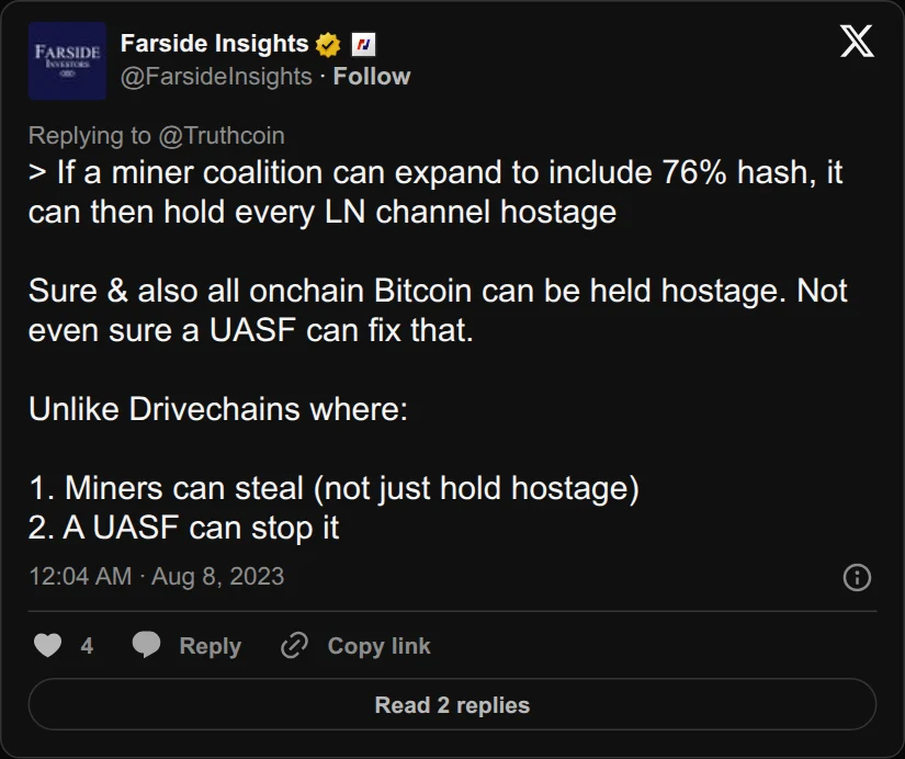 Archival rendering of an X post by Farside Insights: “Unlike Drivechains where: 1. Miners can steal (not just hold hostage).”