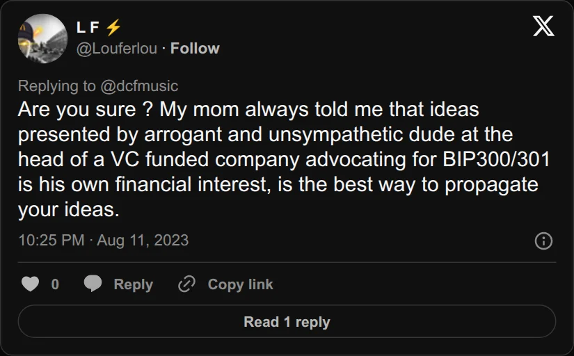 Archival rendering of an X post by L F: “A VC-funded company advocating for BIP300/301 is in his own financial interest.”