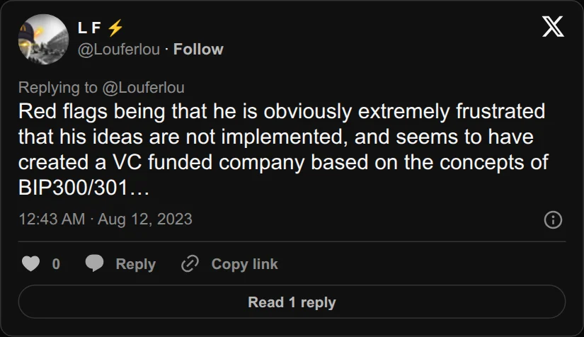 Archival rendering of an X post by L F: “He … seems to have created a VC funded company based on the concepts of BIP300/301.”