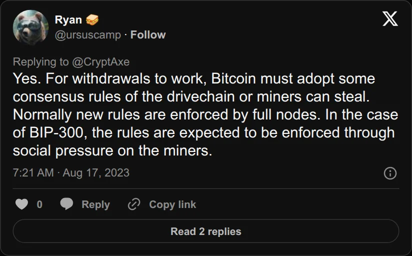 Archival rendering of an X post by Ryan 🥪: “Yes. For withdrawals to work, Bitcoin must adopt some consensus rules of the drivechain or miners can steal. Normally new rules are enforced by…”
