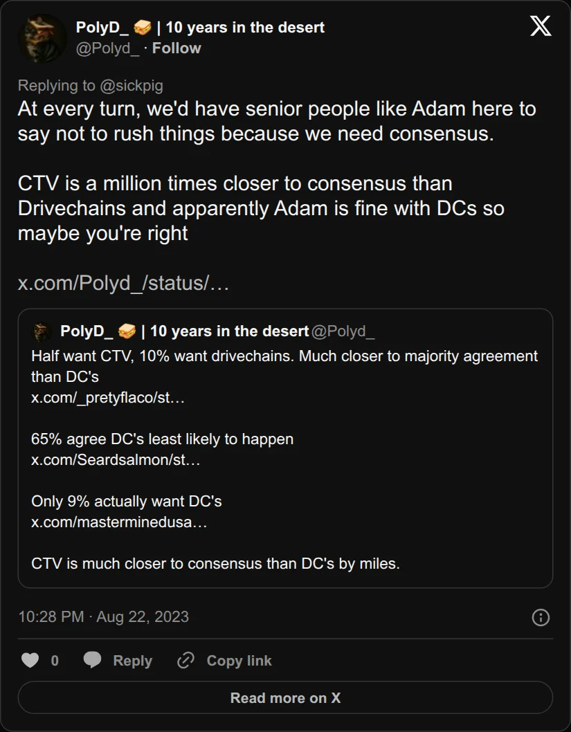 Archival rendering of an X post by PolyD_ 🥪 | 10 years in the desert: “At every turn, we'd have senior people like Adam here to say not to rush things because we need consensus.”