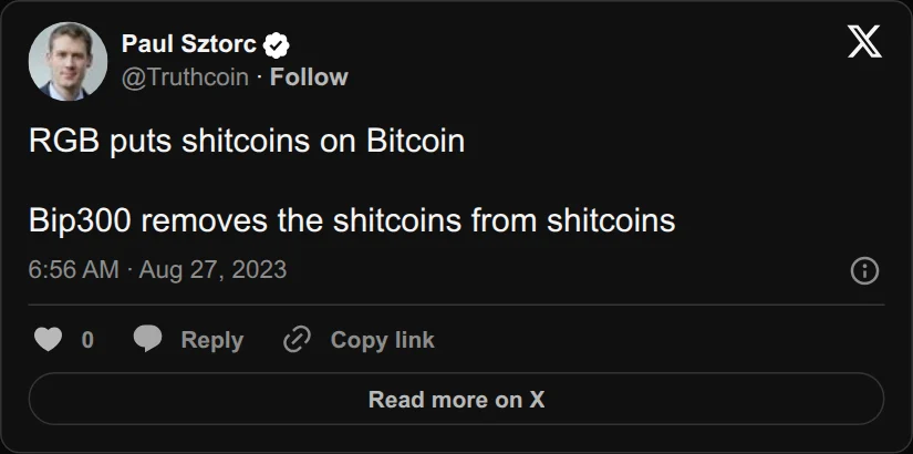 Archival rendering of an X post by Paul Sztorc: “@craigmurray100 @WhatBitcoinDid @Blockstream RGB puts shitcoins on Bitcoin Bip300 removes the shitcoins from shitcoins”
