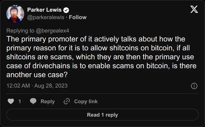 Archival rendering of an X post by Parker Lewis: “The primary promoter of it actively talks about how the primary reason for it is to allow shitcoins on bitcoin, if all shitcoins are…”