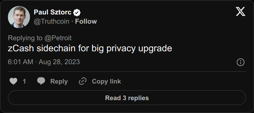 Archival rendering of an X post by Paul Sztorc: “@Petroit @hodlonaut zCash sidechain for big privacy upgrade”