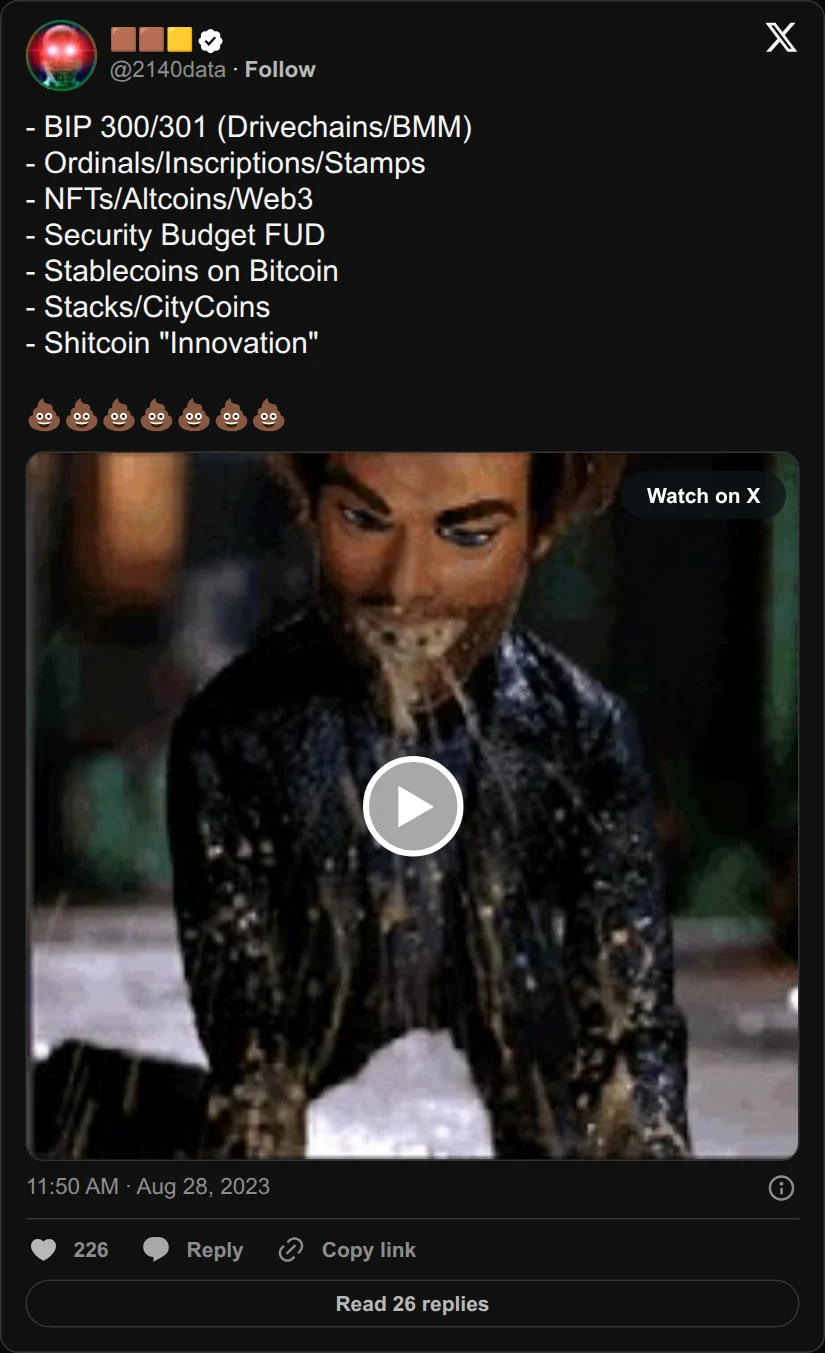 Archival rendering of an X post by 2140data: “BIP 300/301 (Drivechains/BMM) … Shitcoin ‘Innovation.’”