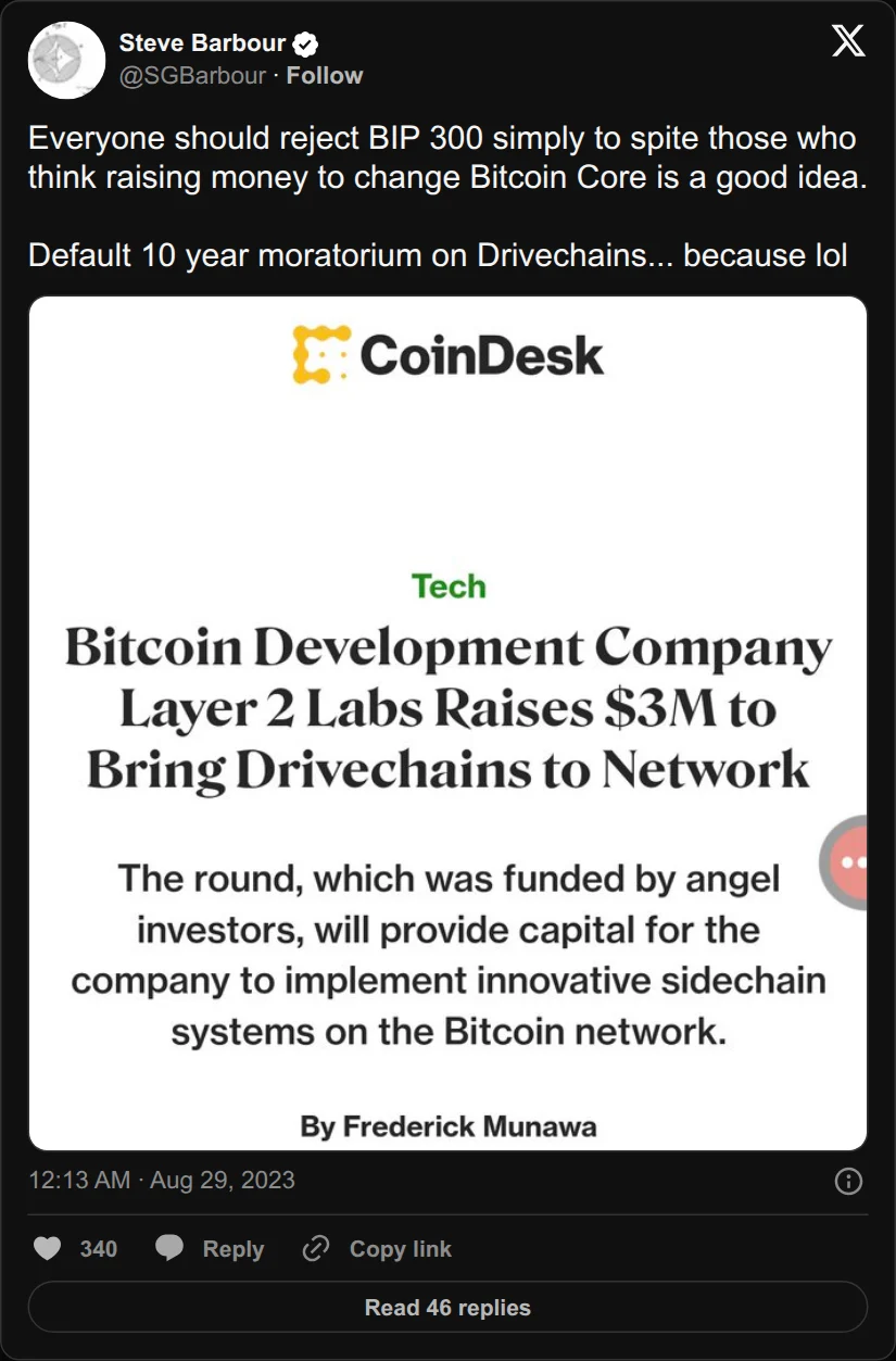 Archival rendering of an X post by Steve Barbour: “Everyone should reject BIP 300 simply to spite those who think raising money to change Bitcoin Core is a good idea.”