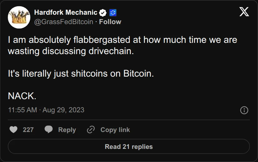Archival rendering of an X post by Hardfork Mechanic: “It’s literally just shitcoins on Bitcoin. NACK.”