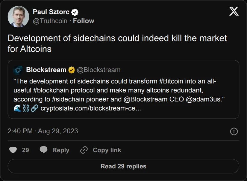Archival rendering of an X post by Paul Sztorc: “Development of sidechains could indeed kill the market for Altcoins https://t.co/xoIpy1geBJ”