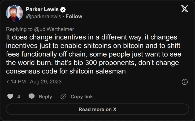Archival rendering of an X post by Parker Lewis: “It does change incentives in a different way, it changes incentives just to enable shitcoins on bitcoin and to shift fees functionally off chain,…”
