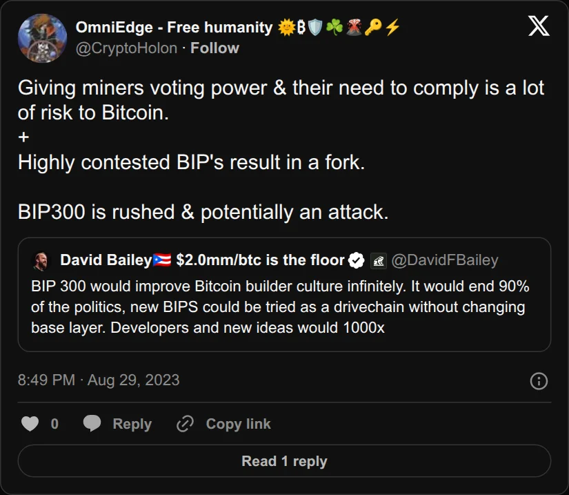 Archival rendering of an X post by OmniEdge: “BIP300 is rushed & potentially an attack.”
