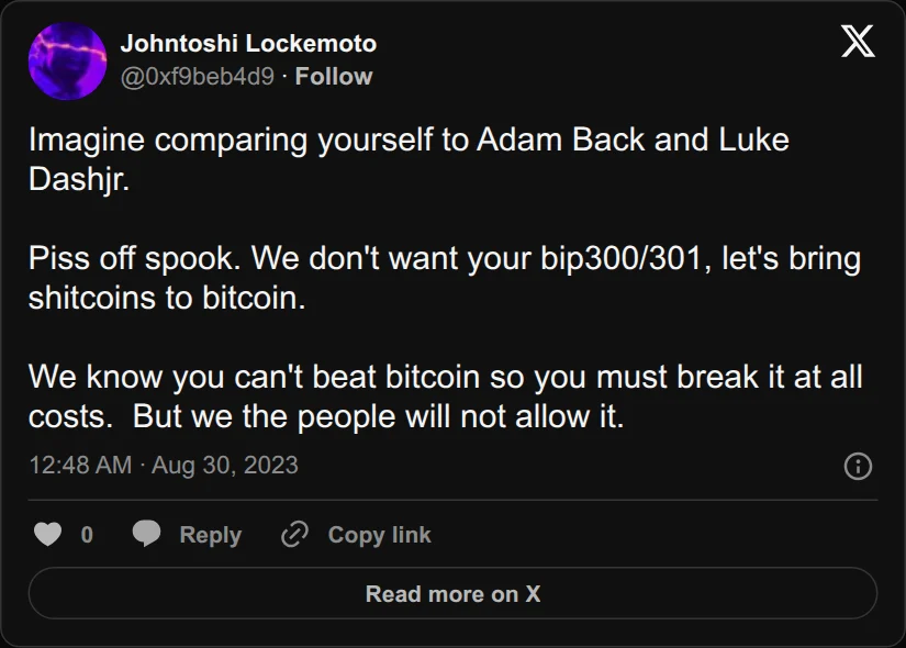 Archival rendering of an X post by Johntoshi Lockemoto: “We don't want your bip300/301, let's bring shitcoins to bitcoin.”