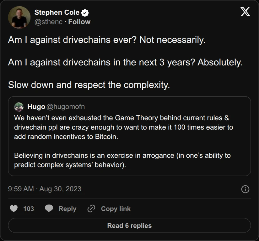 Archival rendering of an X post by Stephen Cole: “Am I against drivechains in the next 3 years? Absolutely. Slow down and respect the complexity.”