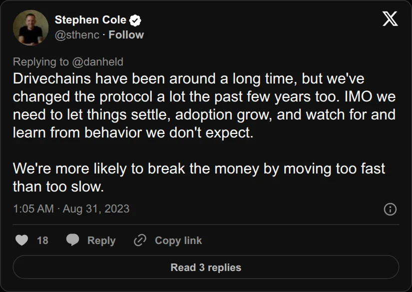 Archival rendering of an X post by Steve Lee: “We’re more likely to break the money by moving too fast than too slow.”