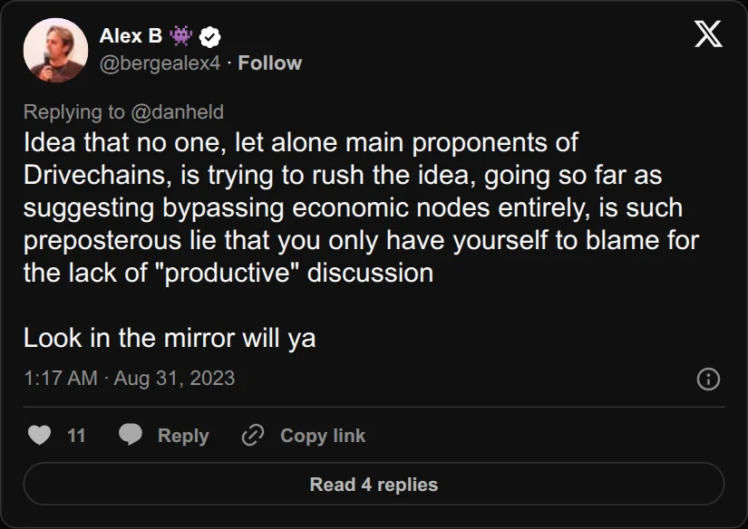 Archival rendering of an X post by Alex B: “Idea that no one, let alone main proponents of Drivechains, is trying to rush the idea … is such preposterous lie.”
