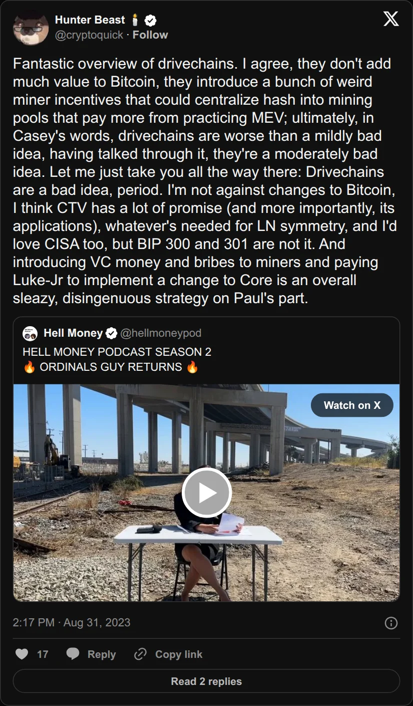 Archival rendering of an X post by cryptoquick: “They introduce a bunch of weird miner incentives that could centralize hash into mining pools that pay more from practicing MEV.”