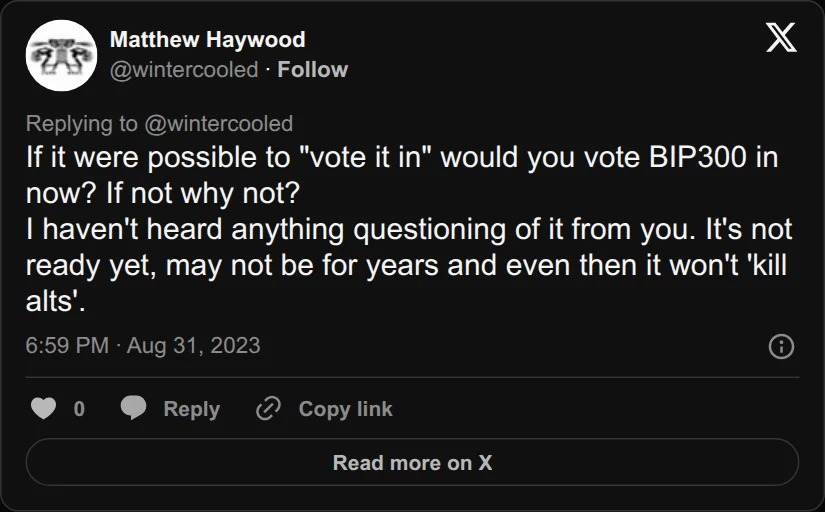 Archival rendering of an X post by Matthew Haywood: “It's not ready yet, may not be for years and even then it won't 'kill alts'.”