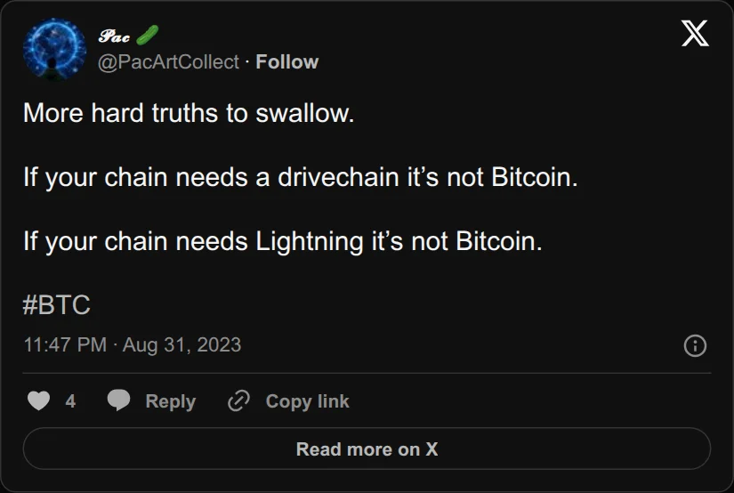 Archival rendering of an X post by Pac: “If your chain needs a drivechain it’s not Bitcoin.”