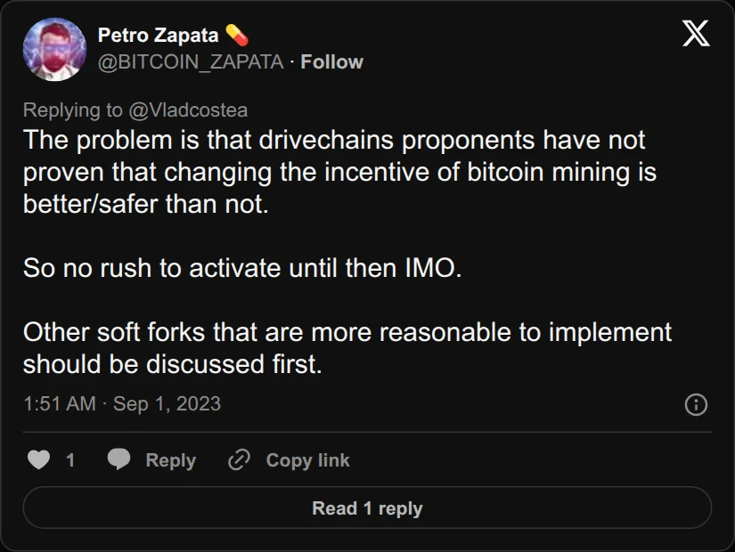 Archival rendering of an X post by Petro Zapata 💊: “The problem is that drivechains proponents have not proven that changing the incentive of bitcoin mining is better/safer than not. So no rush to…”