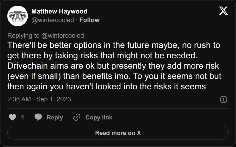 Archival rendering of an X post by Matthew Haywood: “No rush to get there by taking risks that might not be needed.”