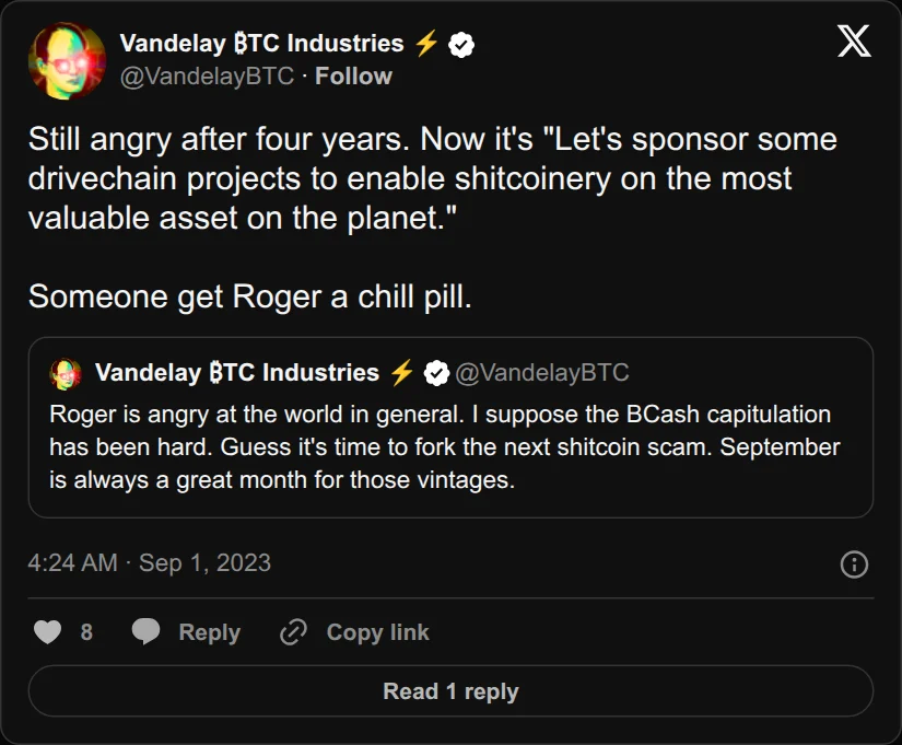 Archival rendering of an X post by Vandelay BTC Industries: “Let’s sponsor some drivechain projects to enable shitcoinery on the most valuable asset on the planet.”
