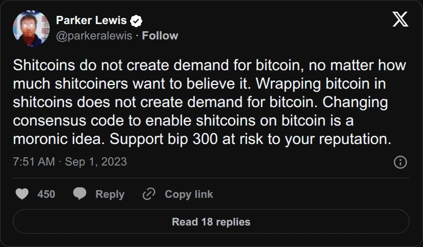 Archival rendering of an X post by Parker Lewis: “Changing consensus code to enable shitcoins on bitcoin is a moronic idea. Support bip 300 at risk to your reputation.”