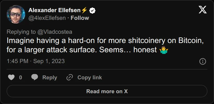 Archival rendering of an X post by Alexander Ellefsen: “Imagine having a hard-on for more shitcoinery on Bitcoin, for a larger attack surface.”