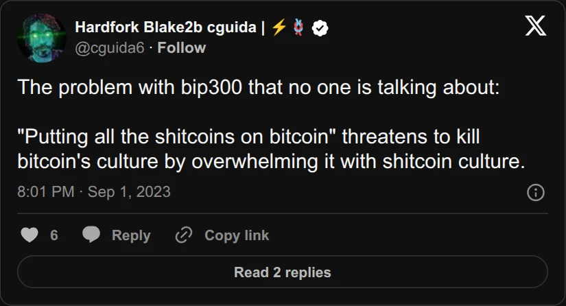 Archival rendering of an X post by Hardfork Blake2b cguida: “‘Putting all the shitcoins on bitcoin’ threatens to kill bitcoin’s culture by overwhelming it with shitcoin culture.”