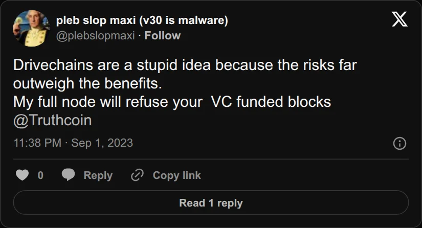 Archival rendering of an X post by pleb slop maxi: “My full node will refuse your VC funded blocks.”