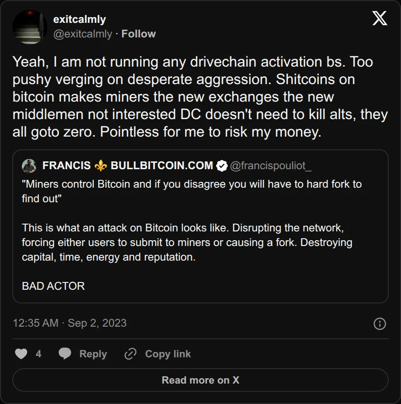 Archival rendering of an X post by exitcalmly: “Shitcoins on bitcoin makes miners the new exchanges, the new middlemen.”