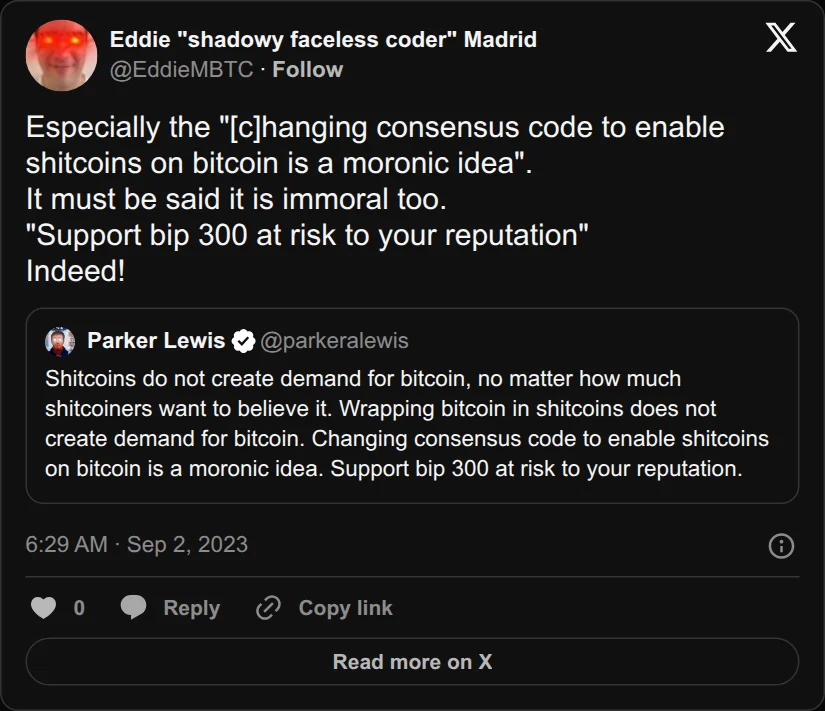 Archival rendering of an X post by Eddie Madrid: “Changing consensus code to enable shitcoins on bitcoin is a moronic idea.”
