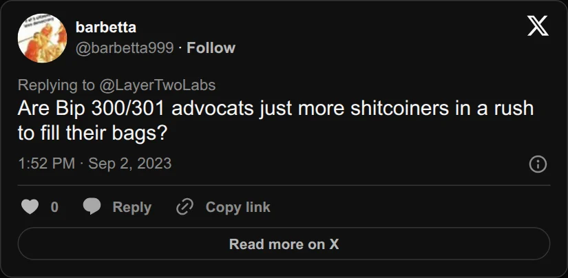 Archival rendering of an X post by barbetta: “Are Bip 300/301 advocats just more shitcoiners in a rush to fill their bags?”