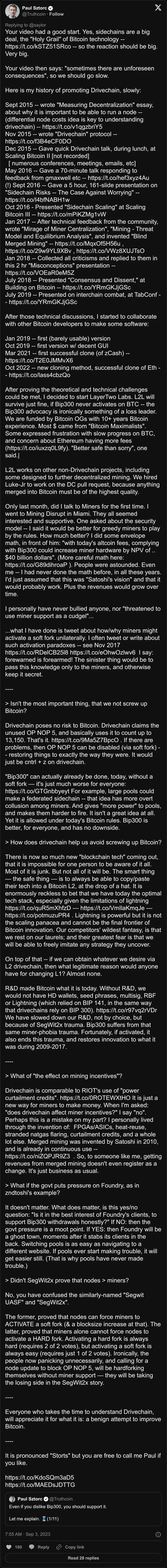 Archival rendering of an X post by Paul Sztorc: “@saylor @mattkratter Your video had a good start. Yes, sidechains are a big deal, the "Holy Grail" of Bitcoin technology -- https://t.co/1tg6pj46bk -- so the reaction should be big. Very big. Your video then says: "sometimes there are unforeseen consequences", so we should go slow. Here is my https://t.co/GTGnbbyeyt”
