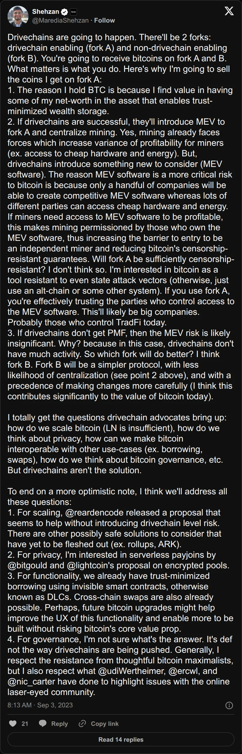 Archival rendering of an X post by Shehzan: “Fork B will be a simpler protocol … with a precedence of making changes more carefully … It’s def not the way drivechains are being pushed.”
