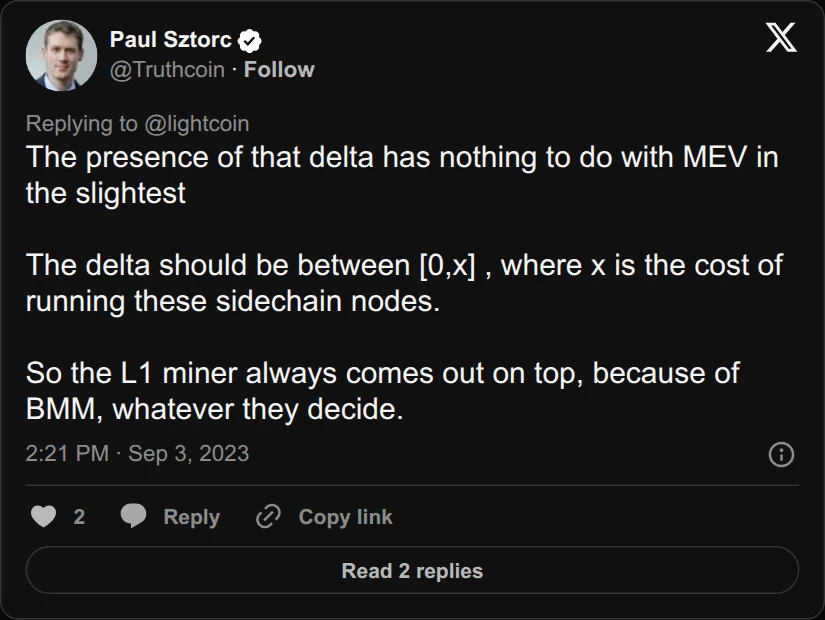 Archival rendering of an X post by Paul Sztorc: “@lightcoin @rot13maxi @udiWertheimer The presence of that delta has nothing to do with MEV in the slightest The delta should be between [0,x] , where x is the cost of running these sidechain nodes. So the L1 miner always comes out on top, because of BMM, whatever they decide.”