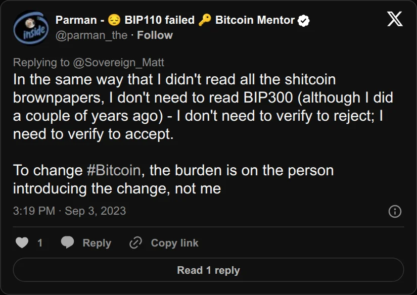 Archival rendering of an X post by Parman - 😔 BIP110 failed 🔑 Bitcoin Mentor: “To change #Bitcoin, the burden is on the person introducing the change, not me.”