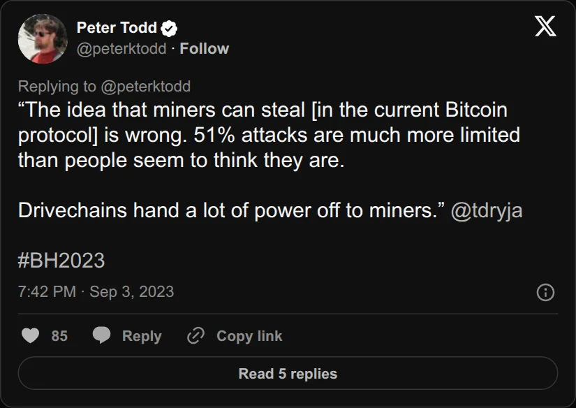 Archival rendering of an X post by Peter Todd: “Drivechains hand a lot of power off to miners.”