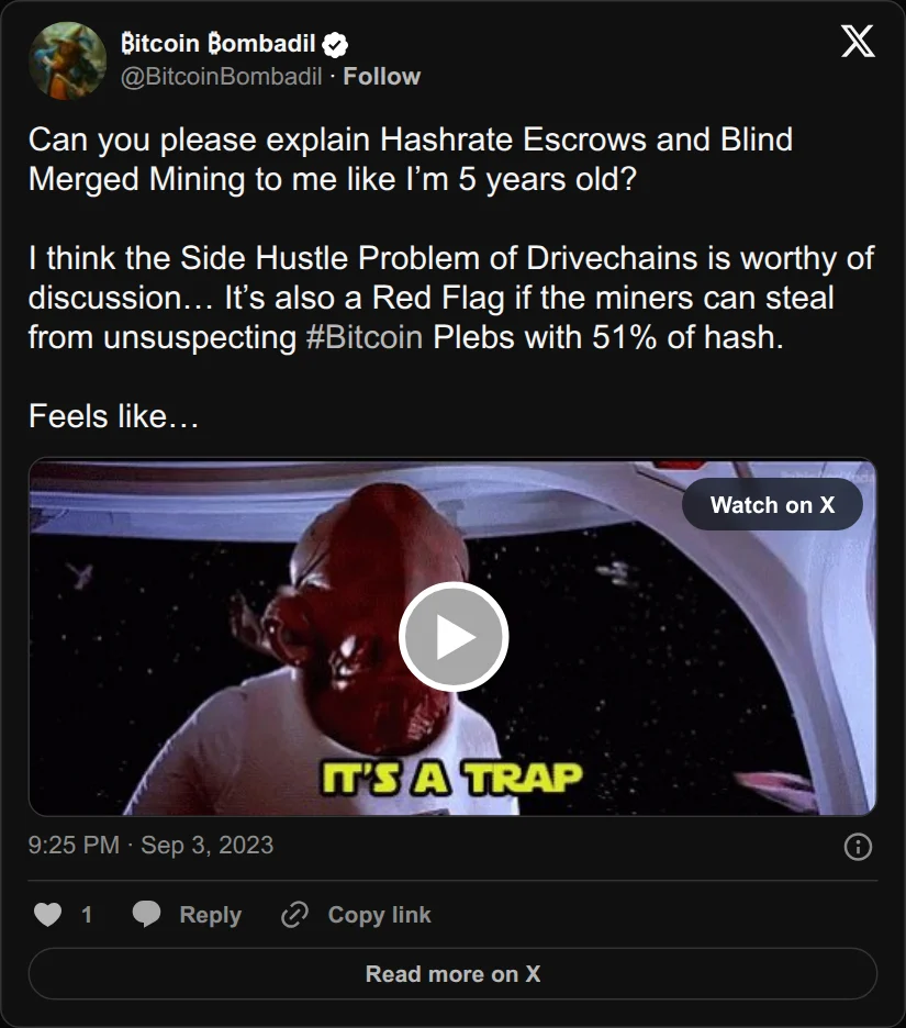 Archival rendering of an X post by ₿itcoin ₿ombadil: “It’s also a Red Flag if the miners can steal from unsuspecting #Bitcoin Plebs with 51% of hash.”