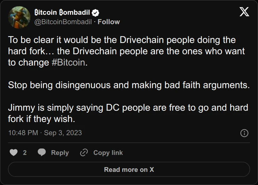 Archival rendering of an X post by ₿itcoin ₿ombadil: “To be clear it would be the Drivechain people doing the hard fork… the Drivechain people are the ones who want to change #Bitcoin.…”